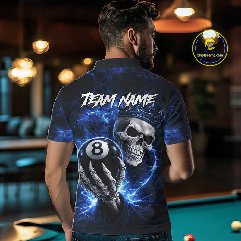 Blue Crown Skull Holding Thunder Pool 8 Ball Billiard Shirt For Men Custom Billiard Team Attire NYN2602