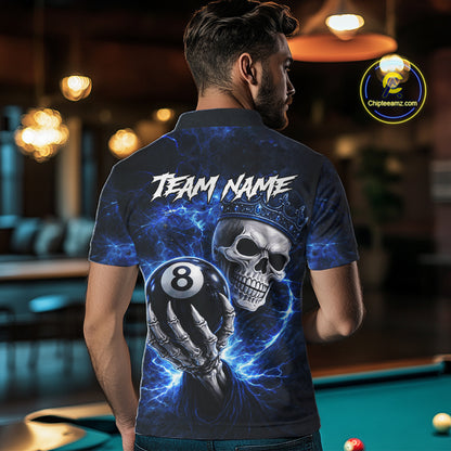 Blue Crown Skull Holding Thunder Pool 8 Ball Billiard Shirt For Men Custom Billiard Team Attire NYN2602