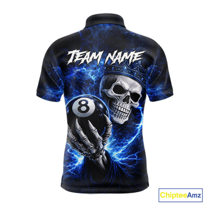 Blue Crown Skull Holding Thunder Pool 8 Ball Billiard Shirt For Men Custom Billiard Team Attire NYN2602