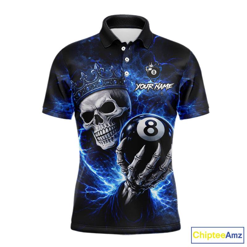 Blue Crown Skull Holding Thunder Pool 8 Ball Billiard Shirt For Men Custom Billiard Team Attire NYN2602