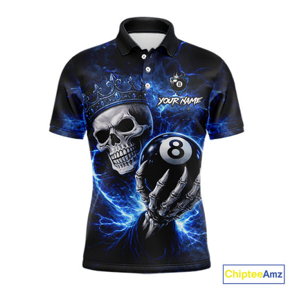 Blue Crown Skull Holding Thunder Pool 8 Ball Billiard Shirt For Men Custom Billiard Team Attire NYN2602