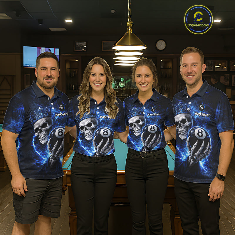 Blue Crown Skull Holding Thunder Pool 8 Ball Billiard Shirt For Men Custom Billiard Team Attire NYN2602