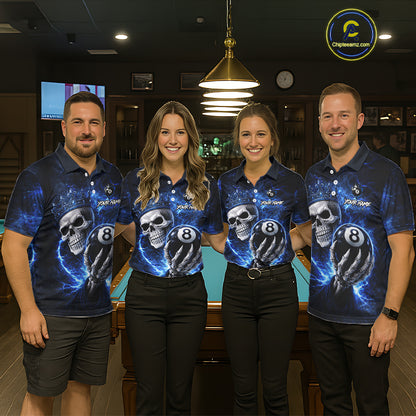 Blue Crown Skull Holding Thunder Pool 8 Ball Billiard Shirt For Men Custom Billiard Team Attire NYN2602