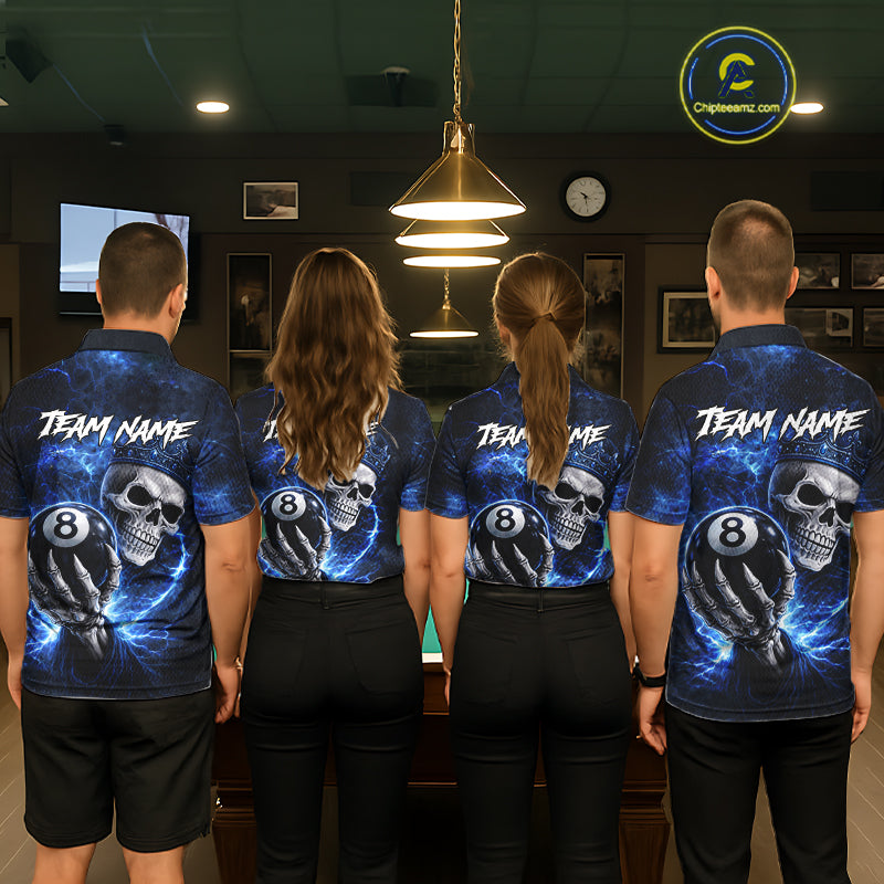 Blue Crown Skull Holding Thunder Pool 8 Ball Billiard Shirt For Men Custom Billiard Team Attire NYN2602