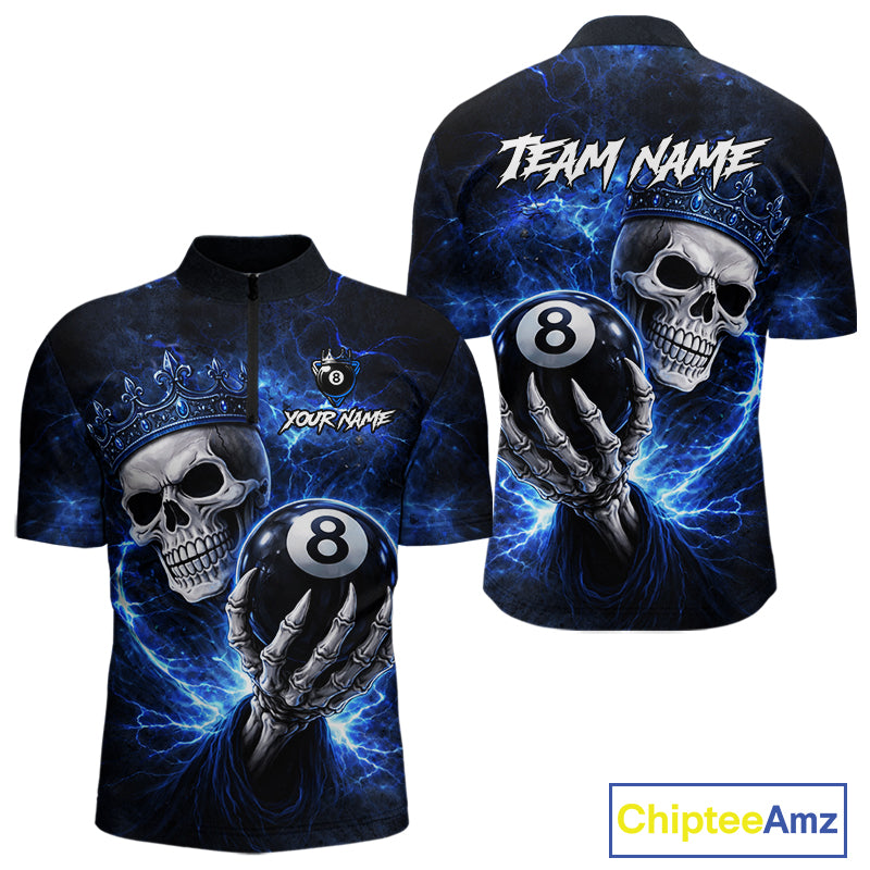 Blue Crown Skull Holding Thunder Pool 8 Ball Billiard Shirt For Men Custom Billiard Team Attire NYN2602