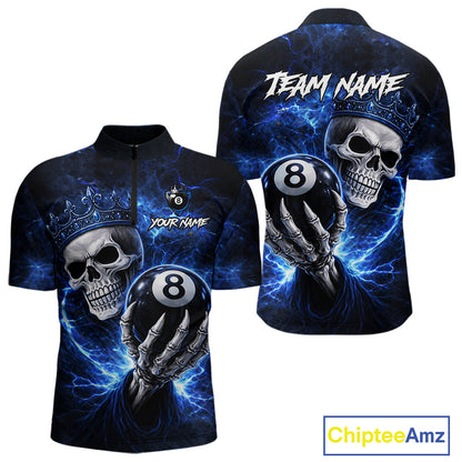 Blue Crown Skull Holding Thunder Pool 8 Ball Billiard Shirt For Men Custom Billiard Team Attire NYN2602
