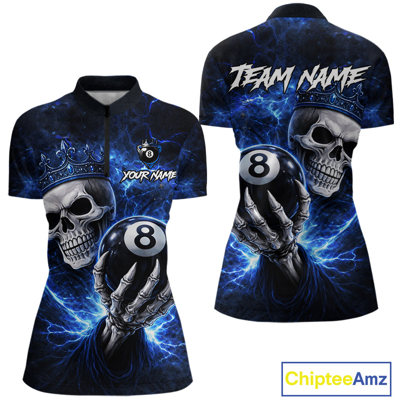Blue Crown Skull Holding Thunder Pool 8 Ball Billiard Shirt For Women Custom Billiard Team Attire NYN2602