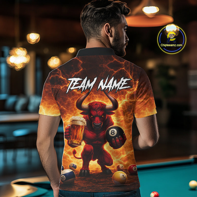 Yellow Lightning Funny Bull Pool 8 Ball Men Billiard Polo & 1/4-Zip Shirt Custom Billiard Attire NYN2606