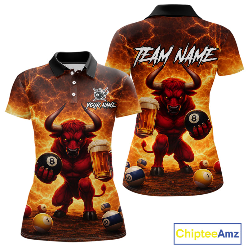 Yellow Lightning Funny Bull Pool 8 Ball Women Billiard Polo & 1/4-Zip Shirt Custom Billiard Attire NYN2606