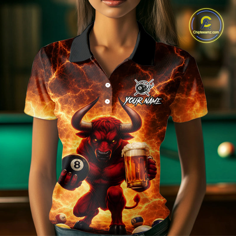 Yellow Lightning Funny Bull Pool 8 Ball Women Billiard Polo & 1/4-Zip Shirt Custom Billiard Attire NYN2606
