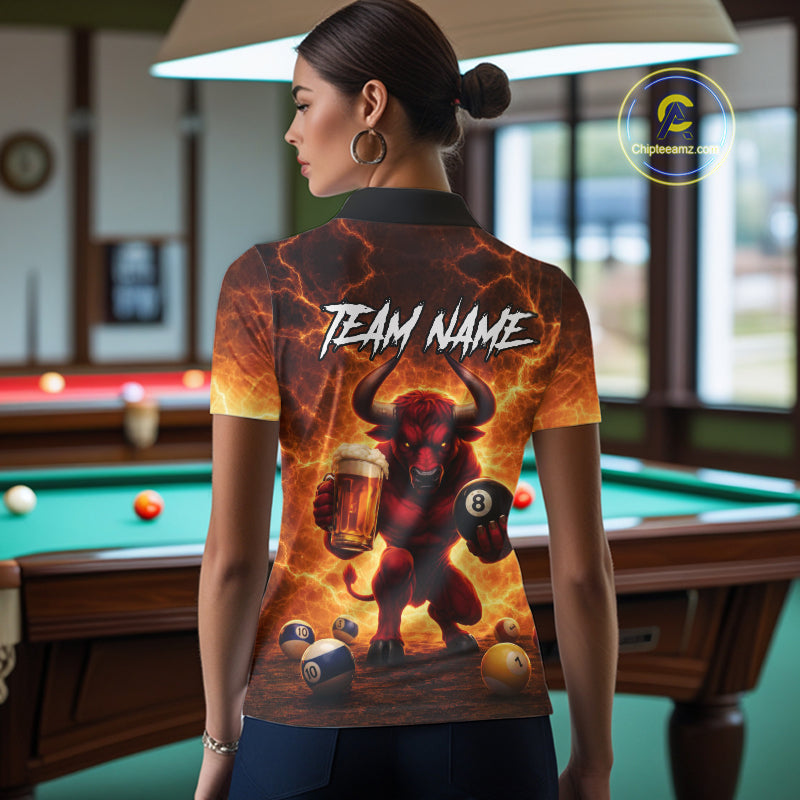 Yellow Lightning Funny Bull Pool 8 Ball Women Billiard Polo & 1/4-Zip Shirt Custom Billiard Attire NYN2606