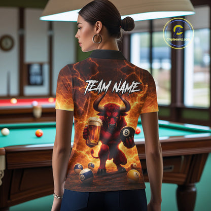 Yellow Lightning Funny Bull Pool 8 Ball Women Billiard Polo & 1/4-Zip Shirt Custom Billiard Attire NYN2606