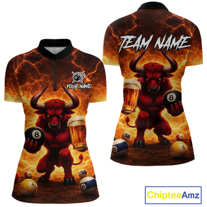 Yellow Lightning Funny Bull Pool 8 Ball Women Billiard Polo & 1/4-Zip Shirt Custom Billiard Attire NYN2606