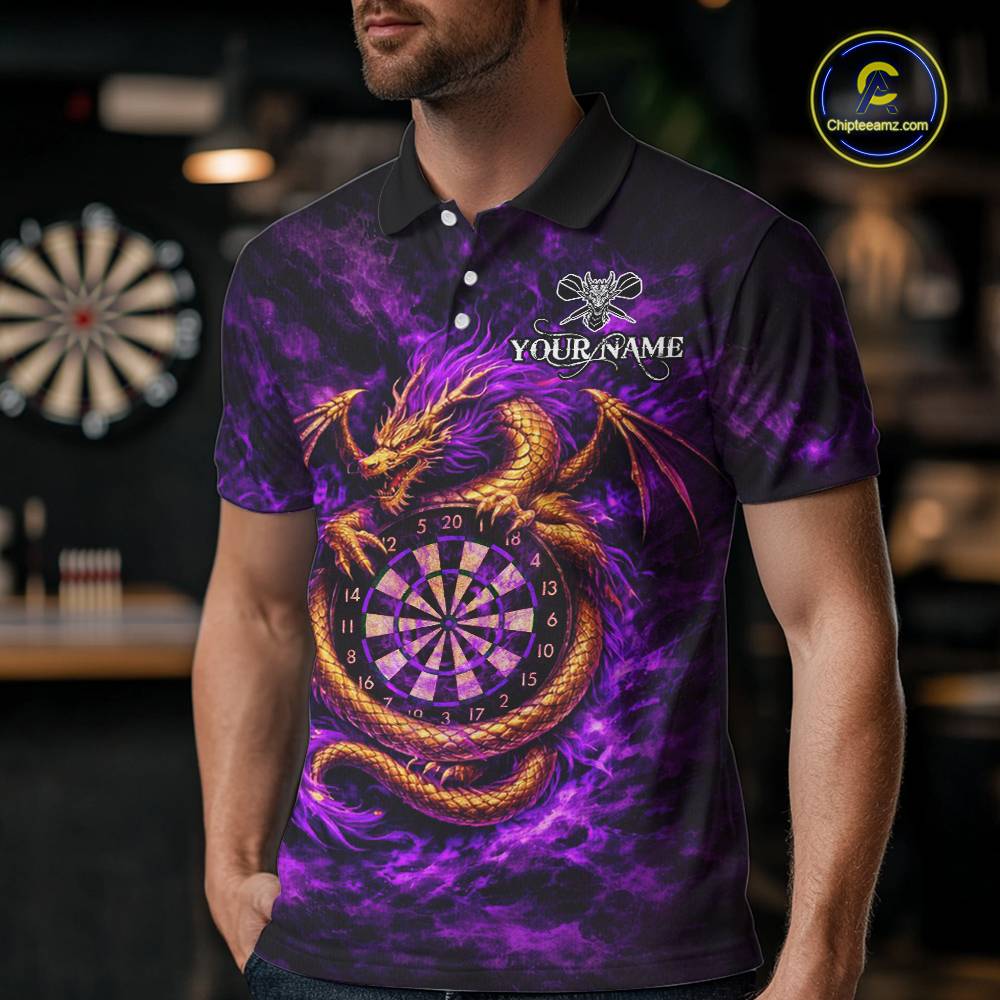 Gold Horror Dragon Hold Dartboard Men Darts Polo Shirt Custom Purple Grunge Darts Team Jersey NYN2609