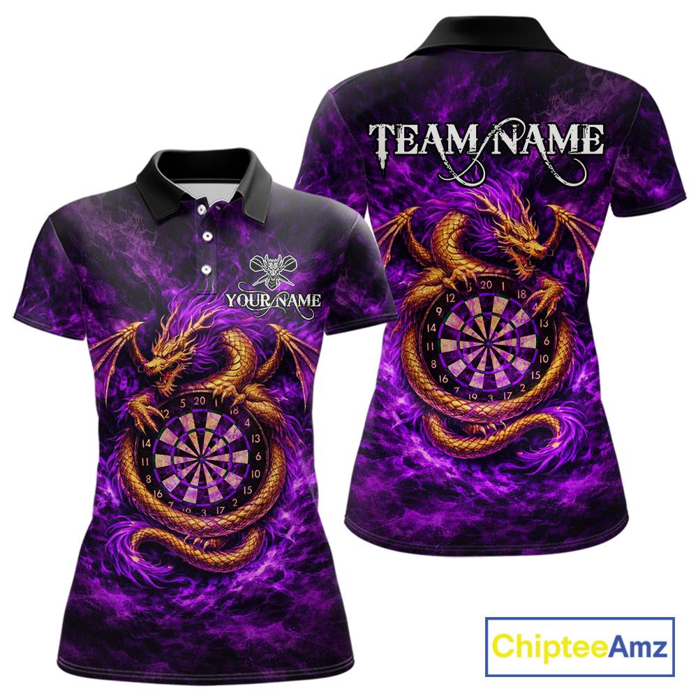 Gold Horror Dragon Hold Dartboard Women Darts Polo Shirt Custom Purple Grunge Darts Team Jersey NYN2609