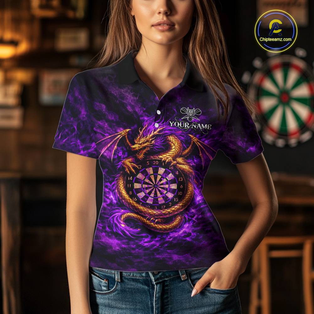 Gold Horror Dragon Hold Dartboard Women Darts Polo Shirt Custom Purple Grunge Darts Team Jersey NYN2609