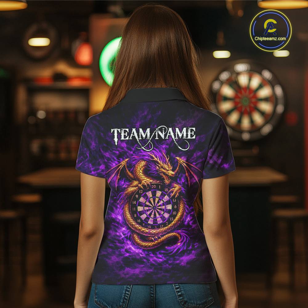 Gold Horror Dragon Hold Dartboard Women Darts Polo Shirt Custom Purple Grunge Darts Team Jersey NYN2609