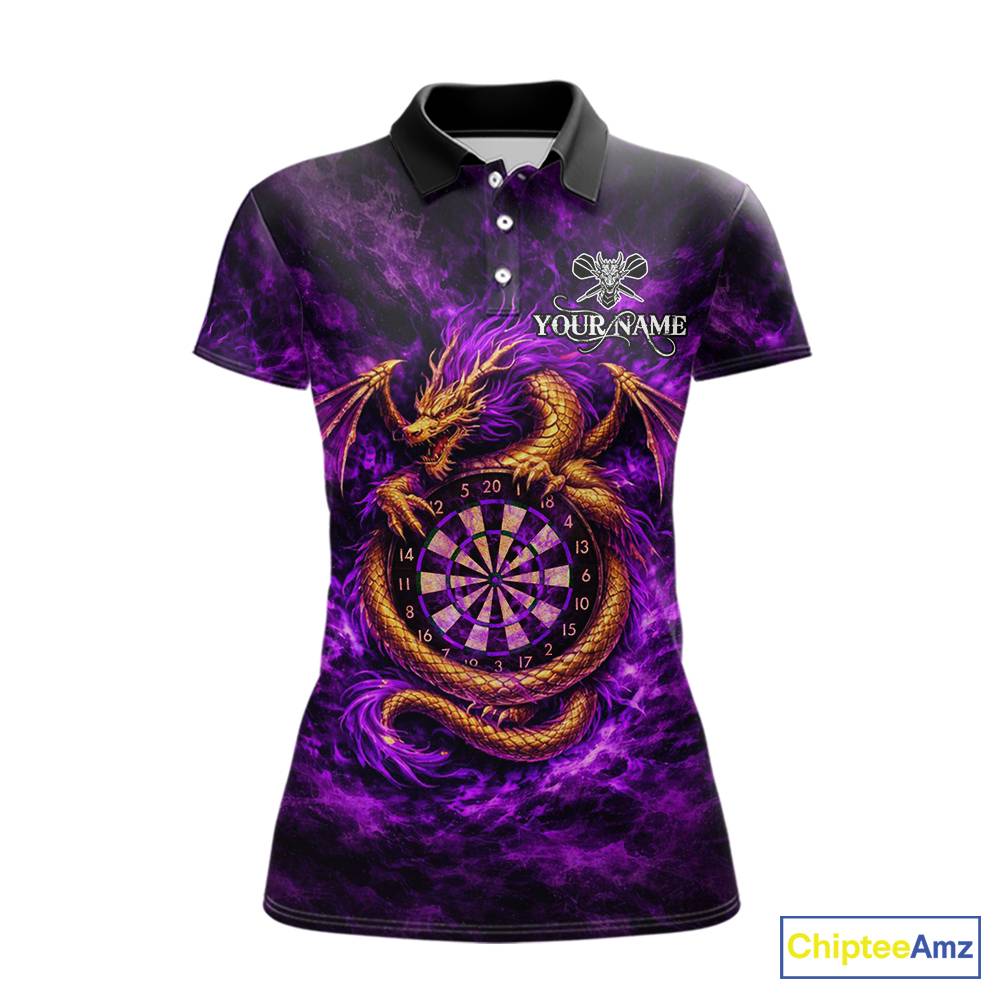 Gold Horror Dragon Hold Dartboard Women Darts Polo Shirt Custom Purple Grunge Darts Team Jersey NYN2609