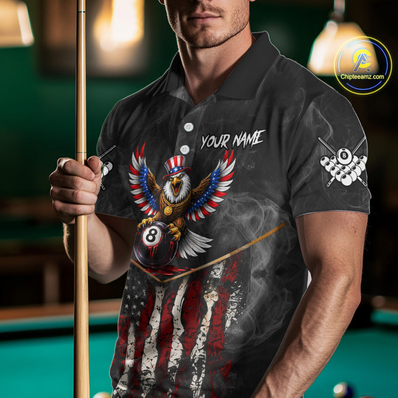 Smoke Grunge US Flag Eagle 8 Ball Cue Billiard Pool Shirt For Men Custom Patriotic Billiard Appeal NYN2763