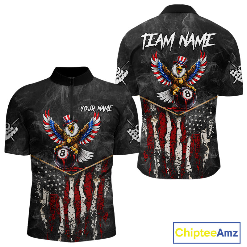 Smoke Grunge US Flag Eagle 8 Ball Cue Billiard Pool Shirt For Men Custom Patriotic Billiard Appeal NYN2763