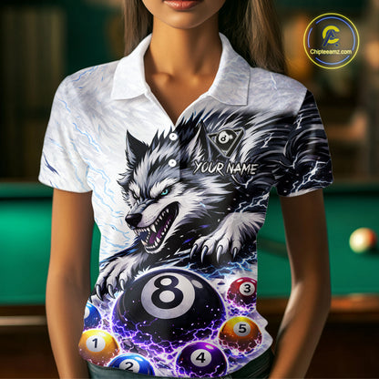 Funny Black-White Wolf Thunder Pool Ball Billiard Shirt For Women Custom Ball 8 Billiard Attire NYN2614