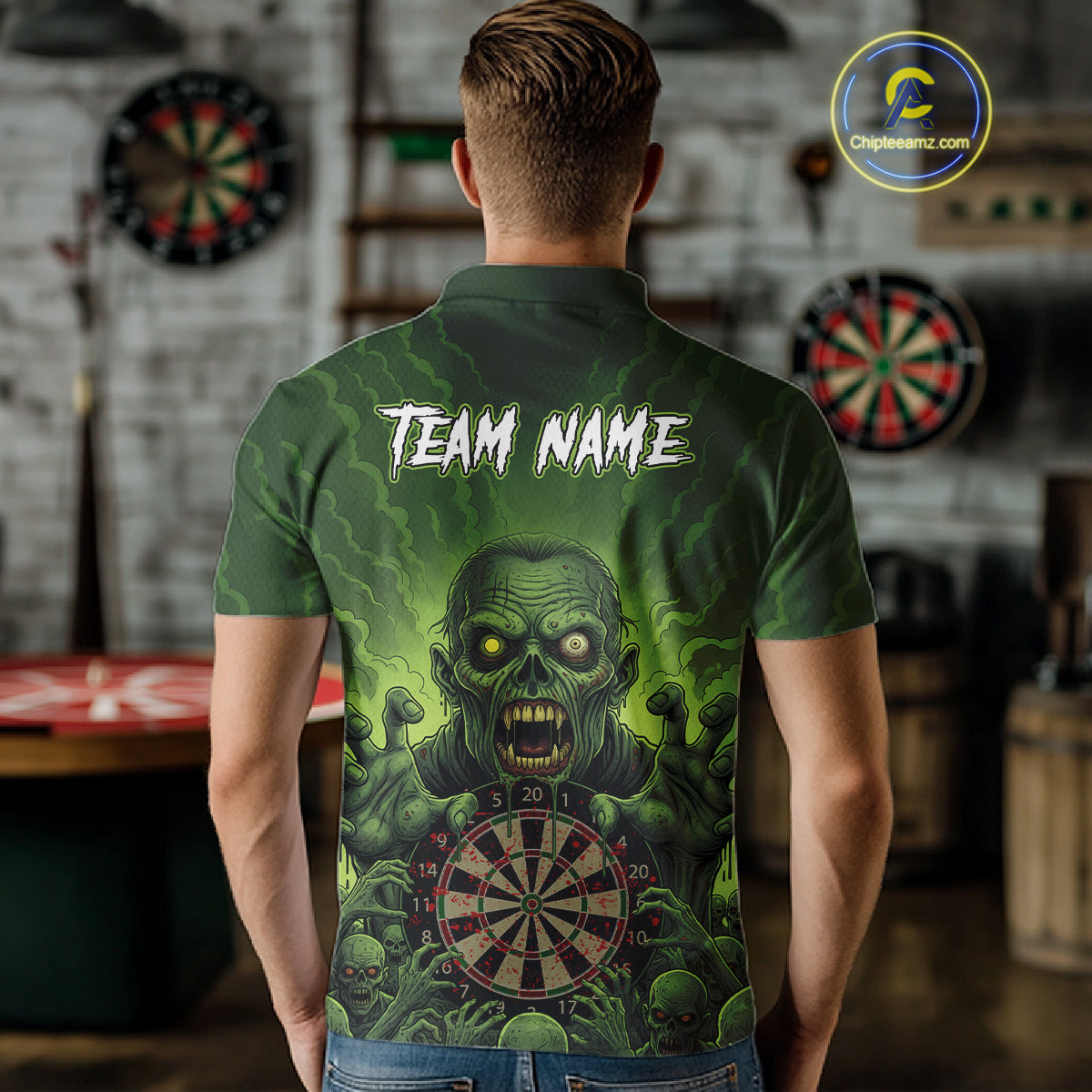 Custom Green Multi Zombie Grunge Dartboard Darts Polo Shirt For Men Skull Dart Jerseys NYN1835