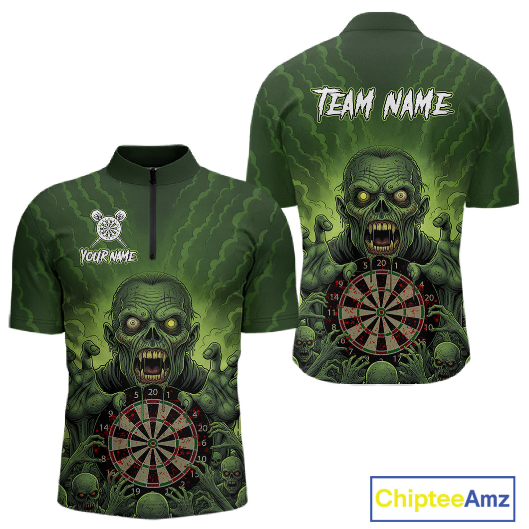 Custom Green Multi Zombie Grunge Dartboard Darts Quarter-Zip Shirt For Men Skull Dart Jerseys NYN1835