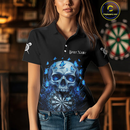 Custom Blue Butterflies Skull Head Flowers Dartboard Women Darts Polo Shirt, Dart Jerseys NYN1839