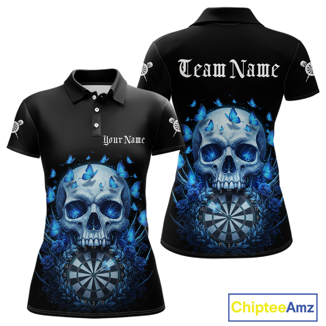 Custom Blue Butterflies Skull Head Flowers Dartboard Women Darts Polo Shirt, Dart Jerseys NYN1839
