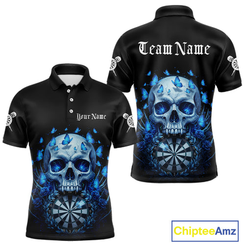 Custom Blue Butterflies Skull Head Flowers Dartboard Men Darts Polo Shirt, Dart Jerseys NYN1839