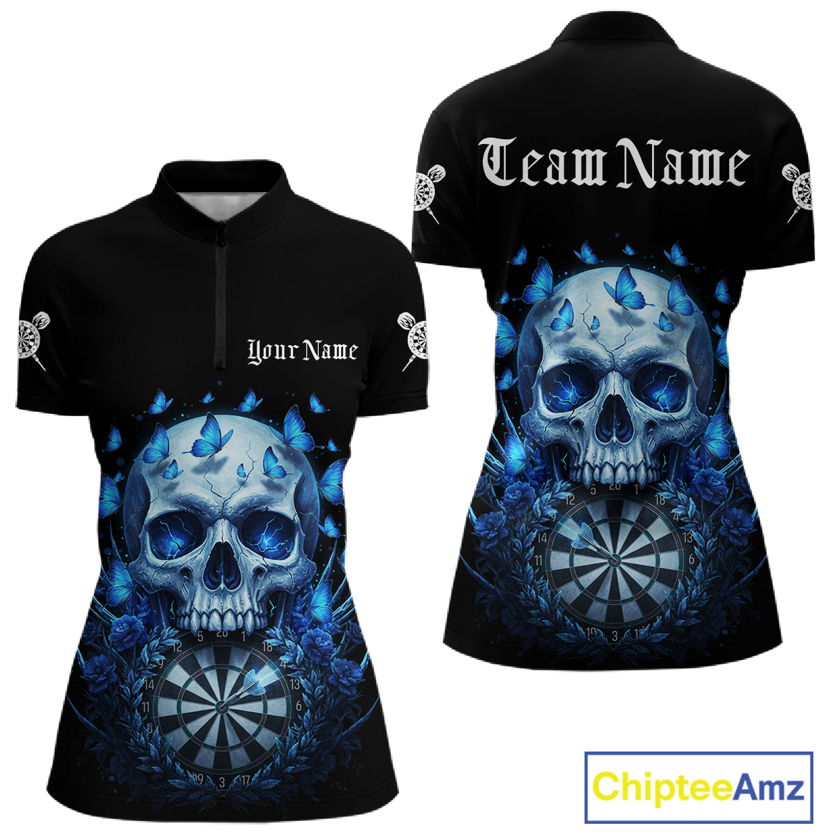 Custom Blue Butterflies Skull Head Flowers Dartboard Women Darts Quarter-Zip Shirt, Dart Jerseys NYN1839
