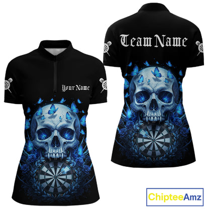 Custom Blue Butterflies Skull Head Flowers Dartboard Women Darts Quarter-Zip Shirt, Dart Jerseys NYN1839