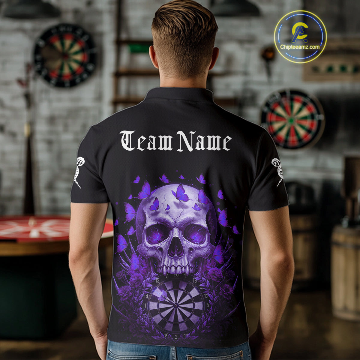 Custom Purple Butterflies Skull Head Flowers Dartboard Men Darts Polo Shirt, Dart Jerseys NYN1840