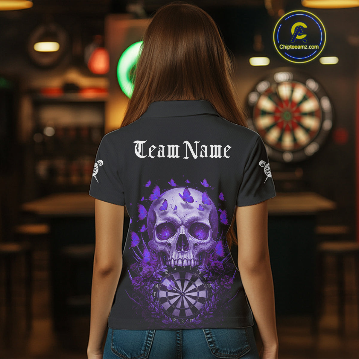 Custom Purple Butterflies Skull Head Flowers Dartboard Women Darts Polo Shirt, Dart Jerseys NYN1840