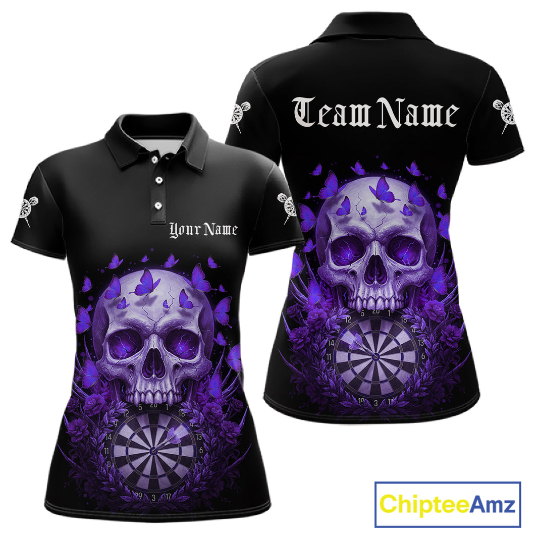 Custom Purple Butterflies Skull Head Flowers Dartboard Women Darts Polo Shirt, Dart Jerseys NYN1840