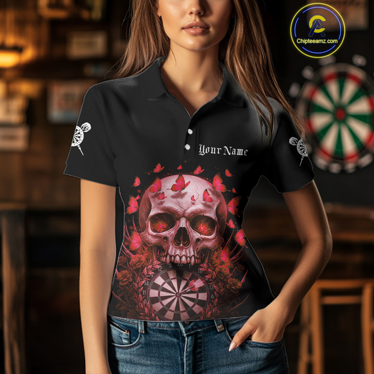 Custom Red Butterflies Skull Head Flowers Dartboard Women Darts Polo Shirt, Dart Jerseys NYN1841
