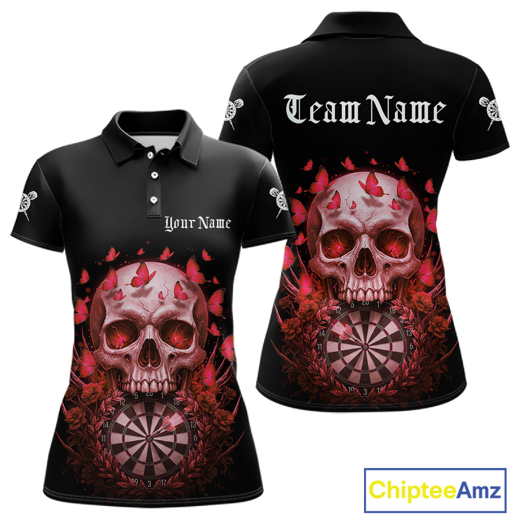 Custom Red Butterflies Skull Head Flowers Dartboard Women Darts Polo Shirt, Dart Jerseys NYN1841
