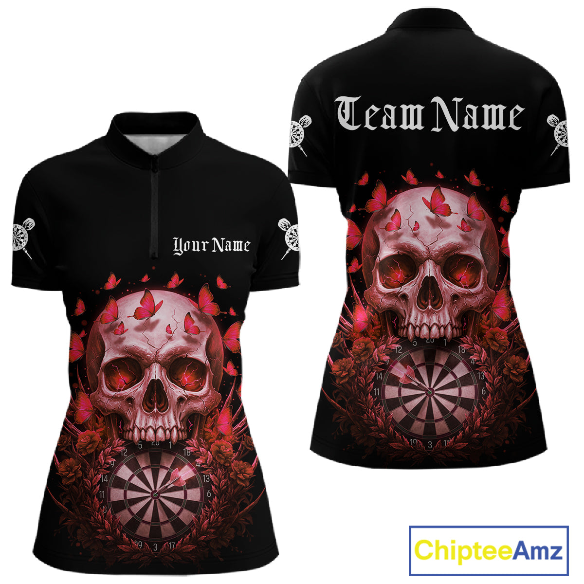 Custom Red Butterflies Skull Head Flowers Dartboard Women Darts Quarter-Zip Shirt, Dart Jerseys NYN1841