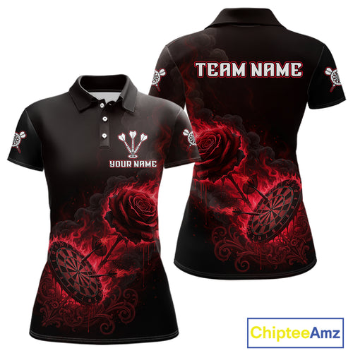 Custom Black And Red Flames Roses Dartboard Women Darts Polo Shirt, Dart Team Jerseys NYN1845