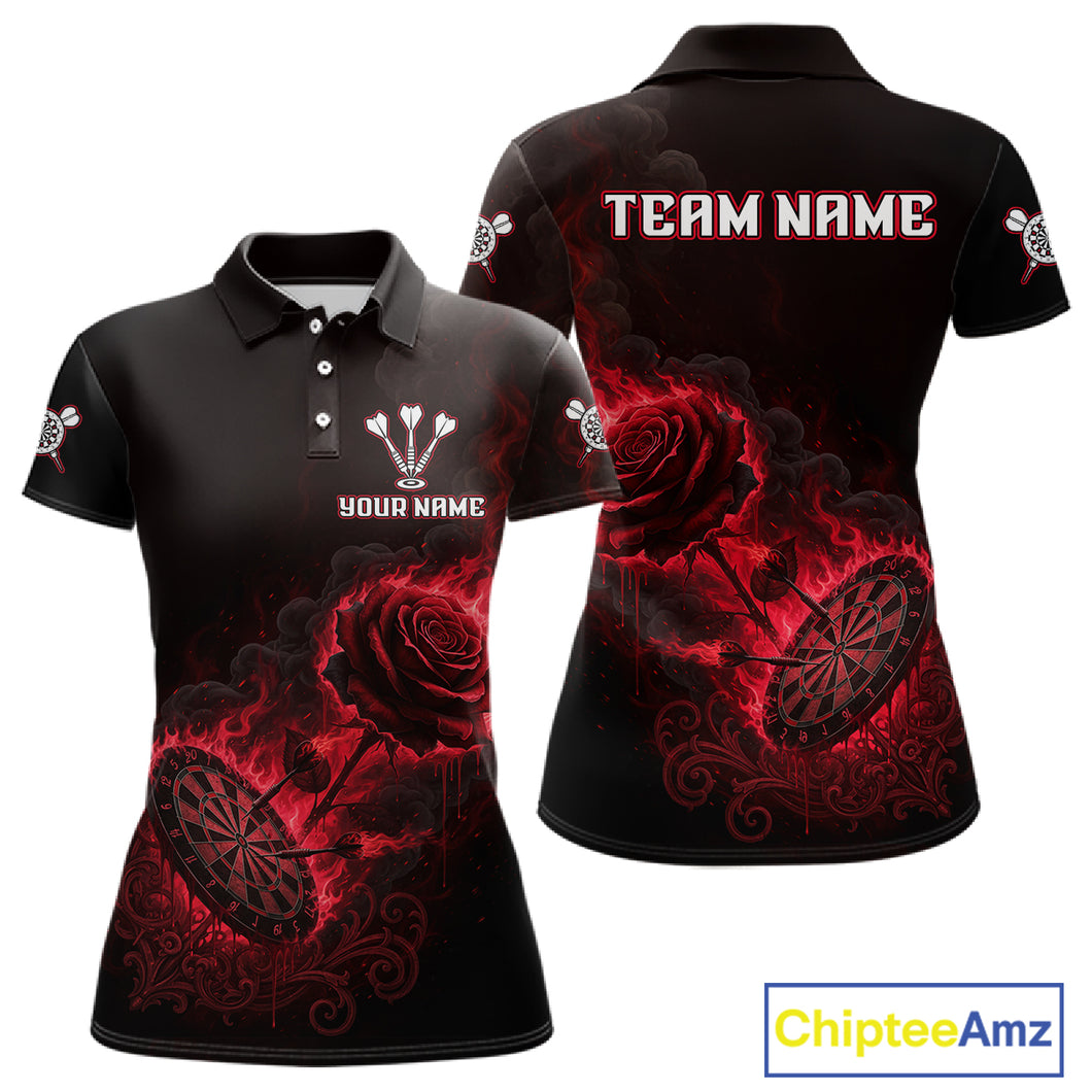 Custom Black And Red Flames Roses Dartboard Women Darts Polo Shirt, Dart Team Jerseys NYN1845