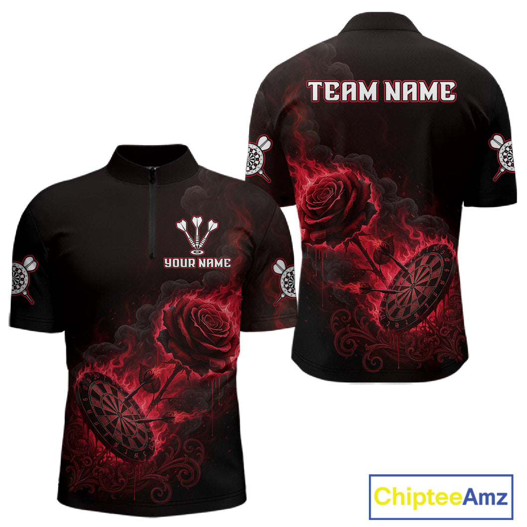Custom Black And Red Flames Roses Dartboard Men Darts Quarter-Zip Shirt, Dart Team Jerseys NYN1845