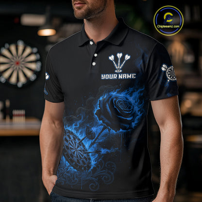 Custom Black And Blue Flames Roses Dartboard Men Darts Polo Shirt, Dart Team Jerseys NYN1846