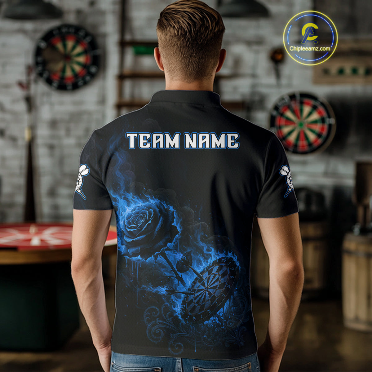 Custom Black And Blue Flames Roses Dartboard Men Darts Polo Shirt, Dart Team Jerseys NYN1846