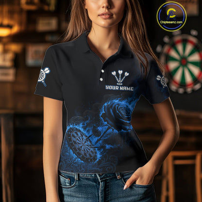 Custom Black And Blue Flames Roses Dartboard Women Darts Polo Shirt, Dart Team Jerseys NYN1846