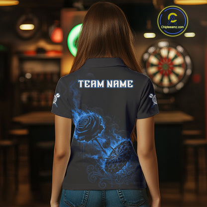Custom Black And Blue Flames Roses Dartboard Women Darts Polo Shirt, Dart Team Jerseys NYN1846