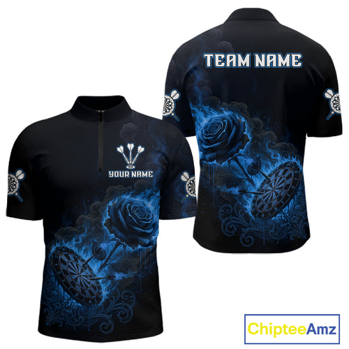 Custom Black And Blue Flames Roses Dartboard Men Darts Quarter-Zip Shirt, Dart Team Jerseys NYN1846