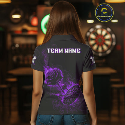 Custom Black And Purple Flames Roses Dartboard Women Darts Polo Shirt, Dart Team Jerseys NYN1847