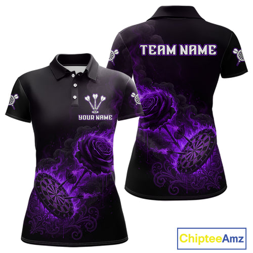Custom Black And Purple Flames Roses Dartboard Women Darts Polo Shirt, Dart Team Jerseys NYN1847