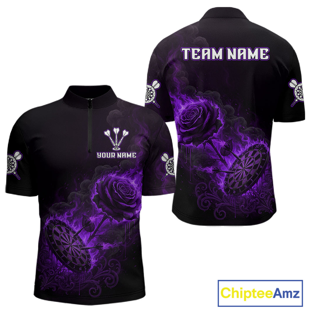 Custom Black And Purple Flames Roses Dartboard Men Darts Quarter-Zip Shirt, Dart Team Jerseys NYN1847