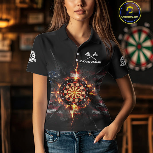 Smoke US Flag Fire Flame Dartboard Custom Women Darts Polo Shirt Patriotic Dart Jerseys NYN1859